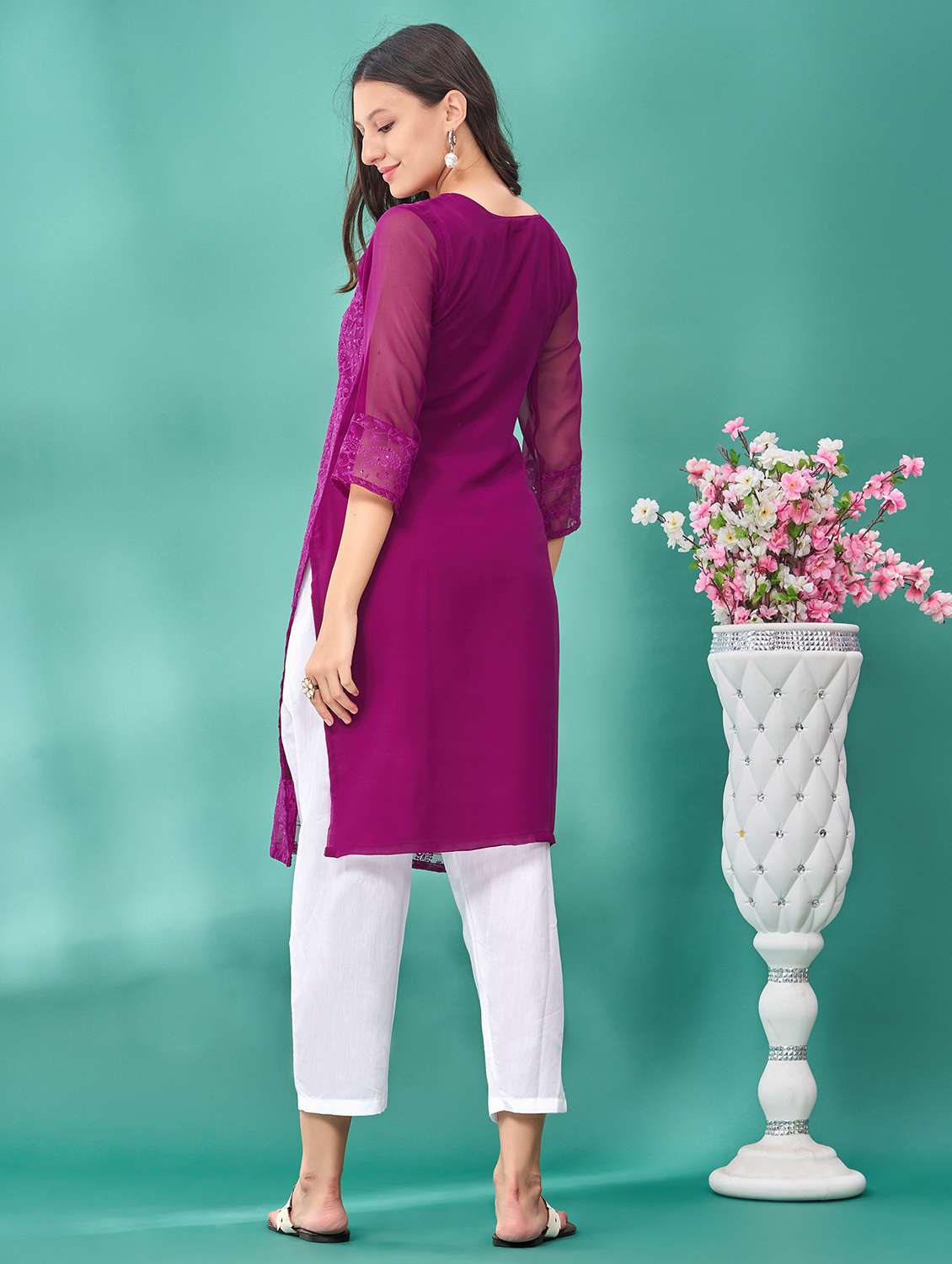 women solid with work three quarter sleeve straight kurta - 21992381 - Standard Image - 3