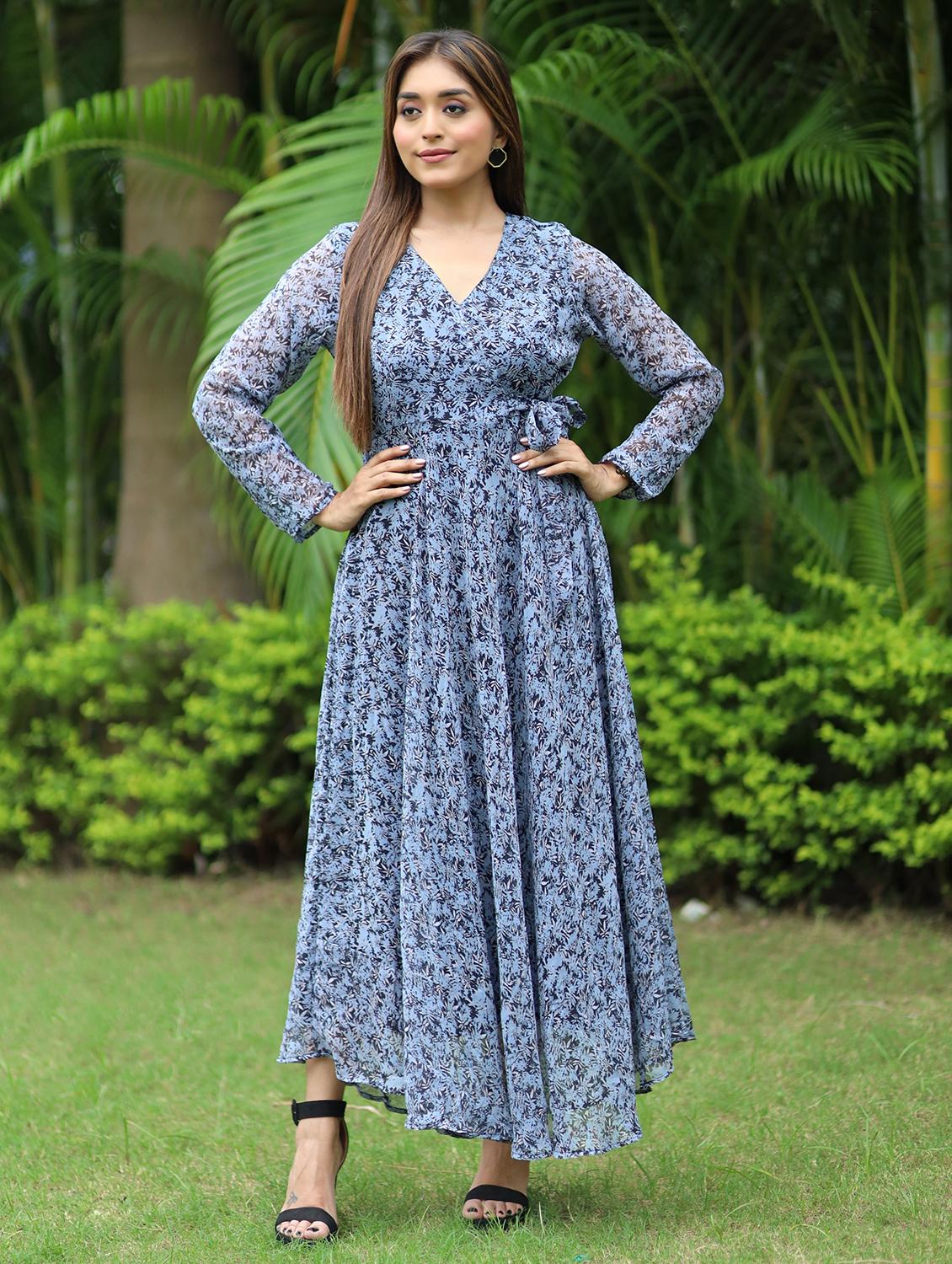 women printed long sleeve fit & flare maxi dress - 21992383 -  Zoom Image - 0