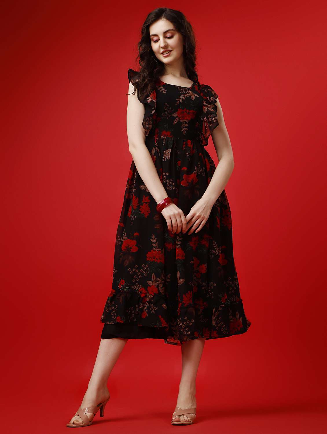 women floral print ruffle sleeve fit & flare dress