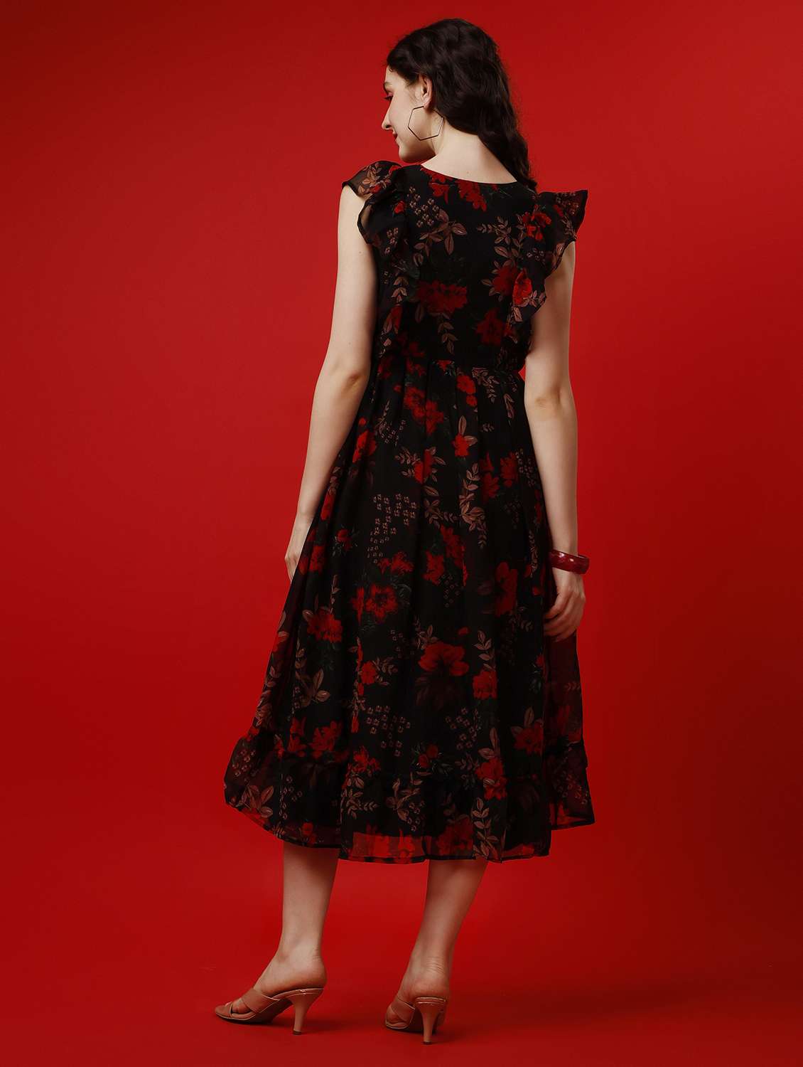 women floral print ruffle sleeve fit & flare dress - 21992384 -  Standard Image - 3