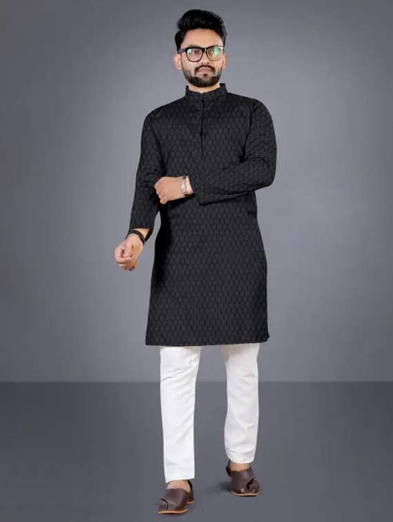 men self design mandarin neck long kurta