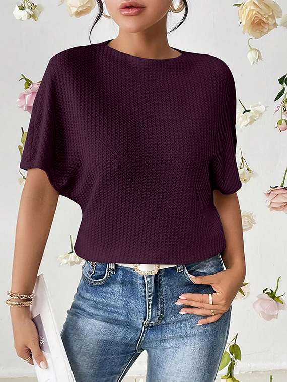 women solid batwing sleeve relaxed fit knitted top