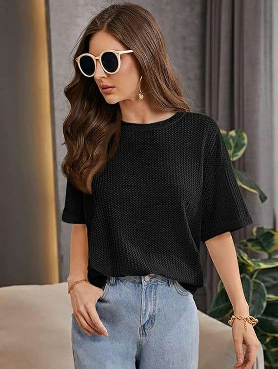 women solid short sleeve relaxed fit knitted top
