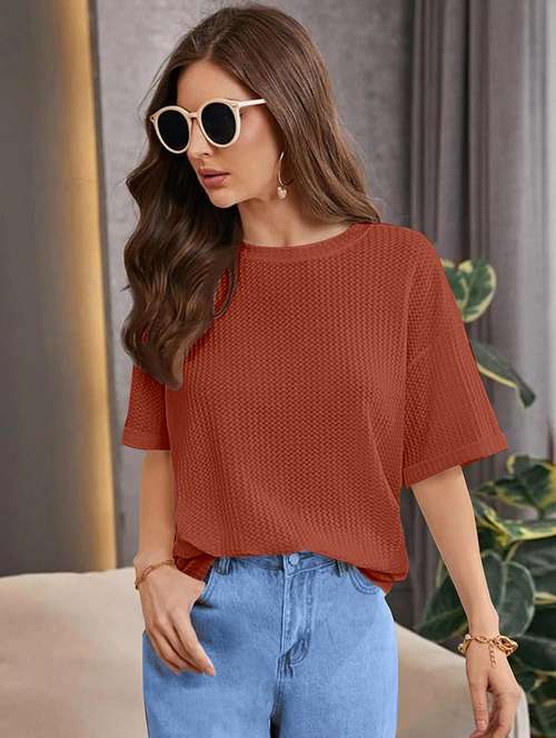 women solid short sleeve relaxed fit knitted top - 21992401 -  Standard Image - 0