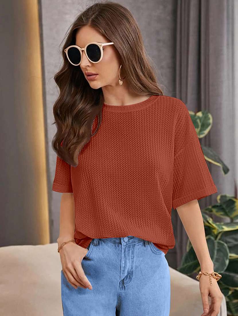women solid short sleeve relaxed fit knitted top - 21992401 -  Zoom Image - 0