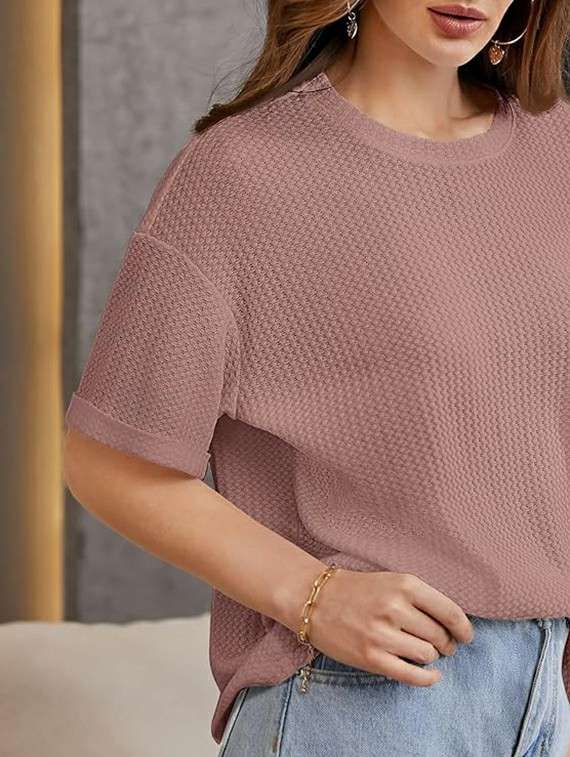 women solid short sleeve relaxed fit knitted top - 21992402 -  Standard Image - 3