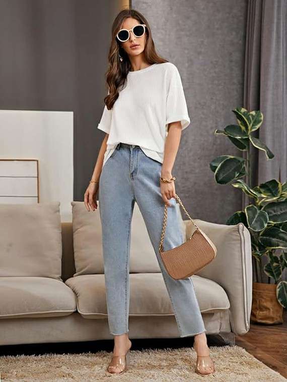 women solid short sleeve relaxed fit knitted top - 21992404 -  Standard Image - 3