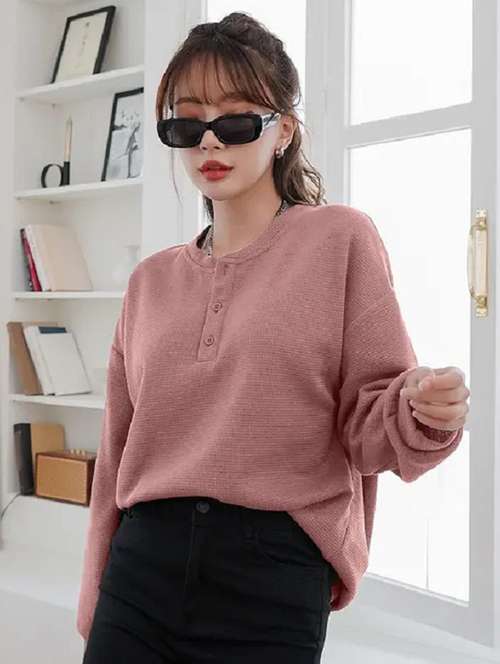 women solid long sleeve loose fit winter top - 21992407 - Standard Image - 0
