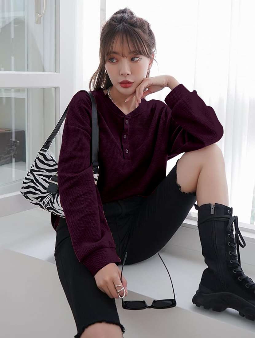 women solid long sleeve loose fit winter top - 21992410 - Standard Image - 3