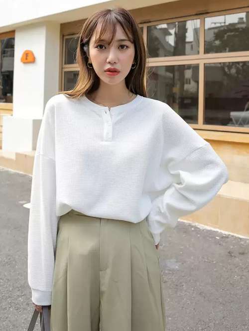 women solid long sleeve loose fit winter top - 21992413 -  Standard Image - 0