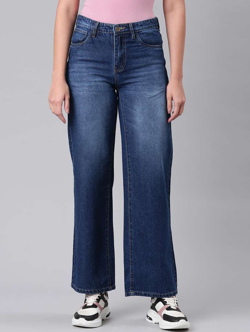 women washed high rise wide leg jean