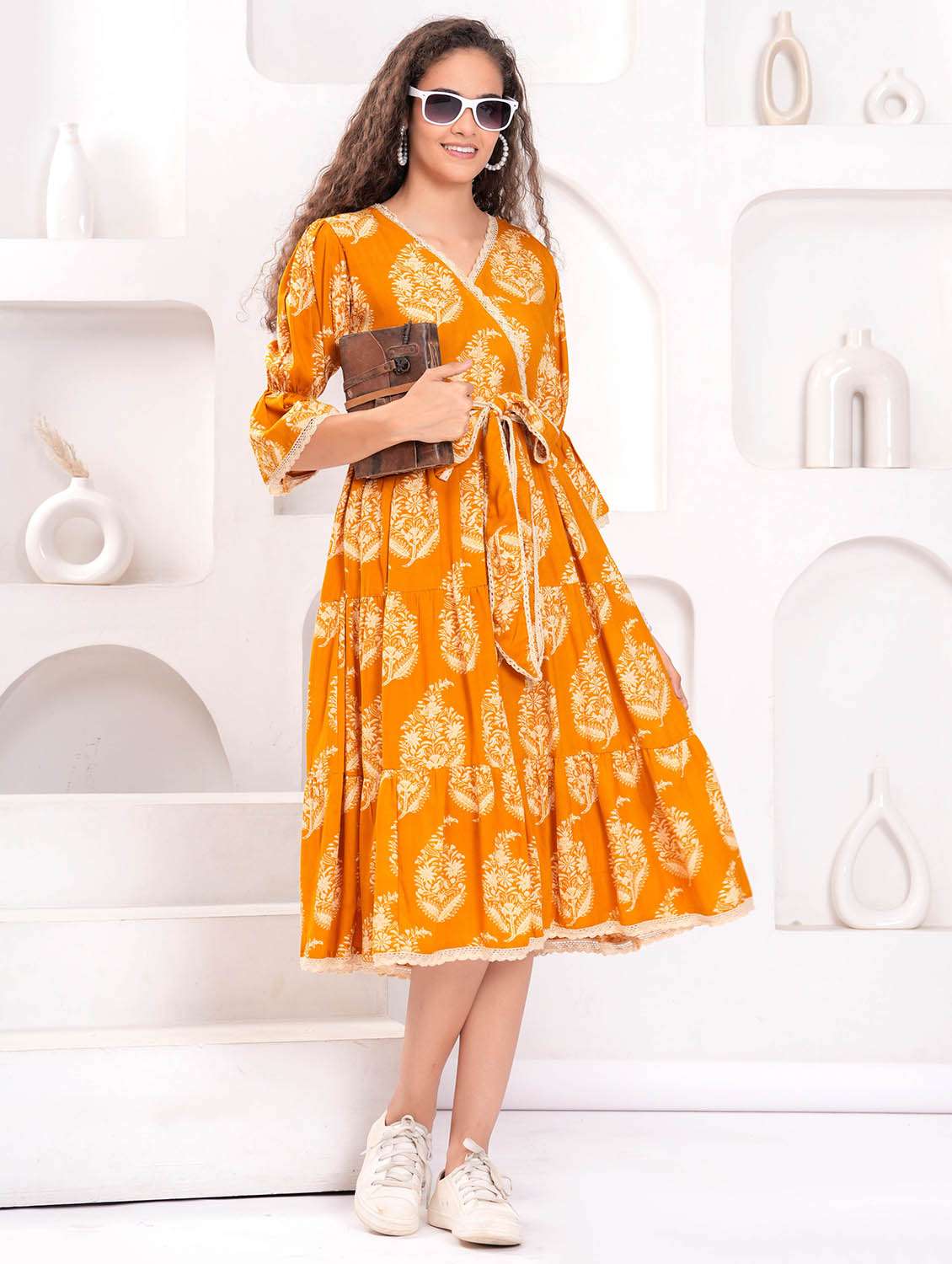 women printed bell sleeve tiered dress