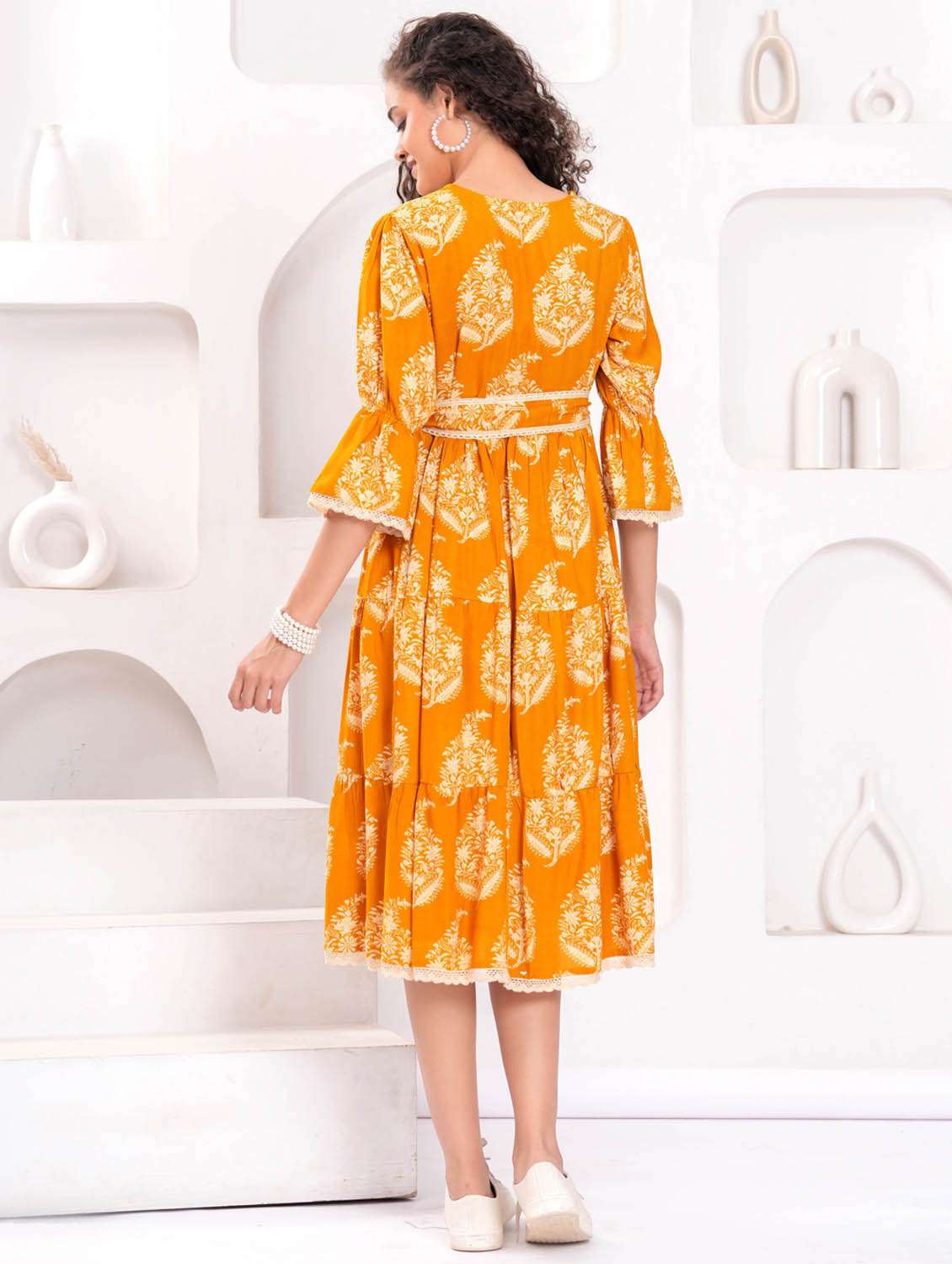 women printed bell sleeve tiered dress - 21992445 - Standard Image - 3