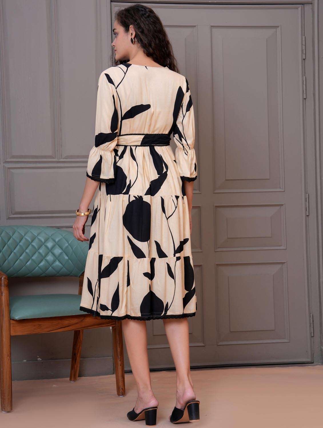 women printed bell sleeve tiered dress - 21992446 -  Standard Image - 3