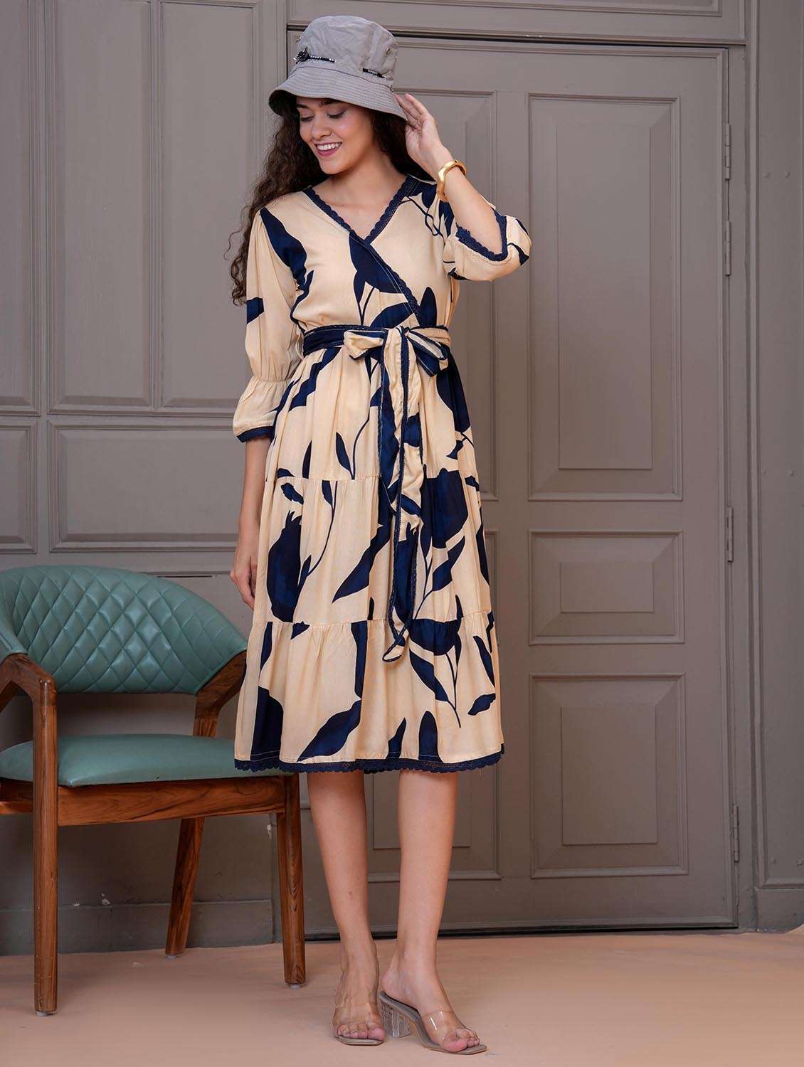 women printed bell sleeve tiered dress - 21992447 -  Zoom Image - 0