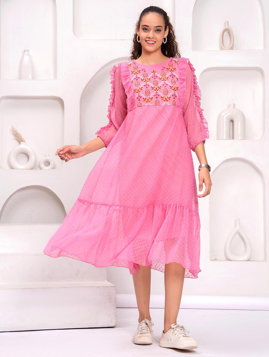 women embroidered round neck tiered dress - 21992459 - Zoom Image - 0