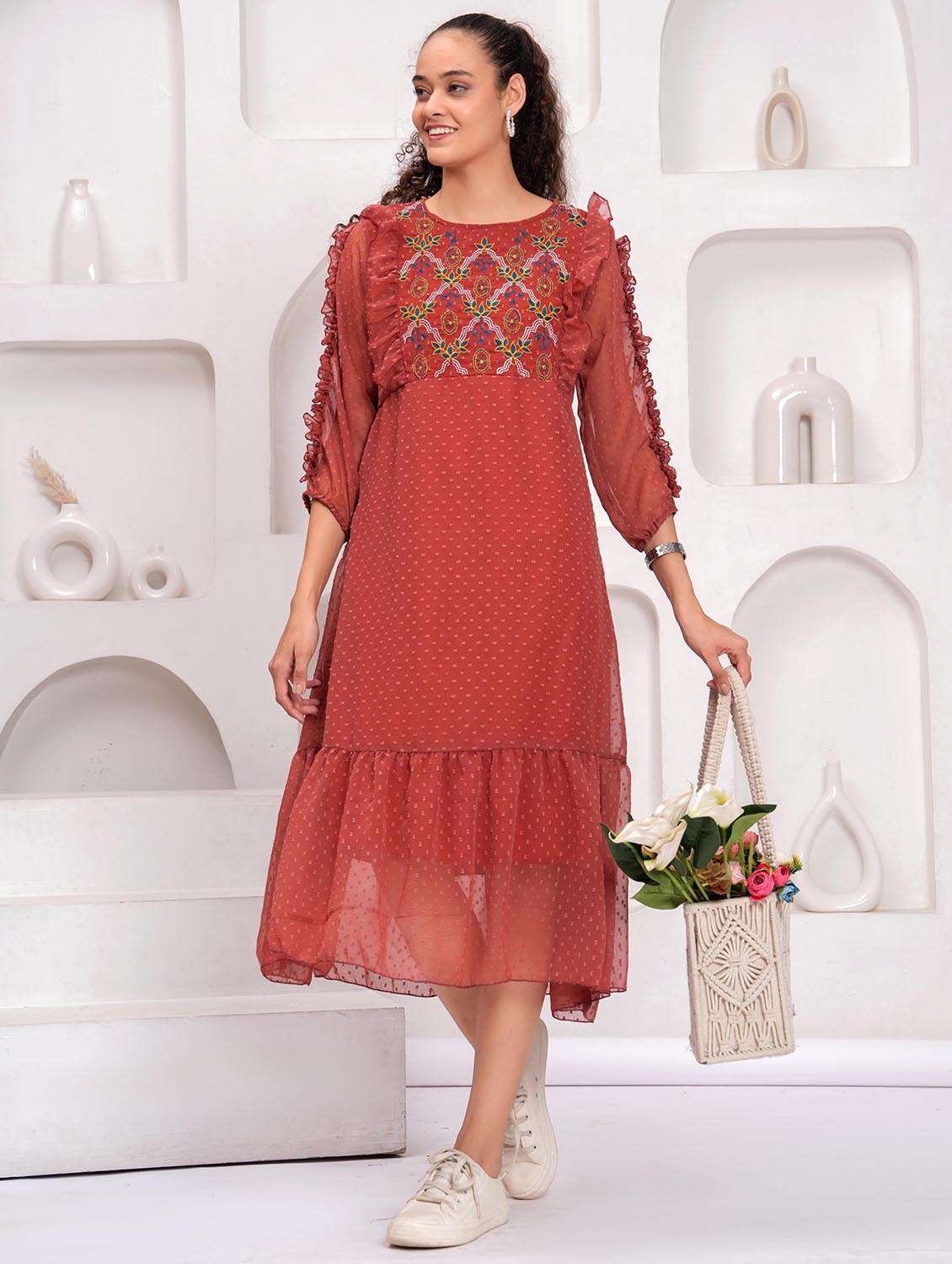 women embroidered round neck tiered dress - 21992461 -  Zoom Image - 0