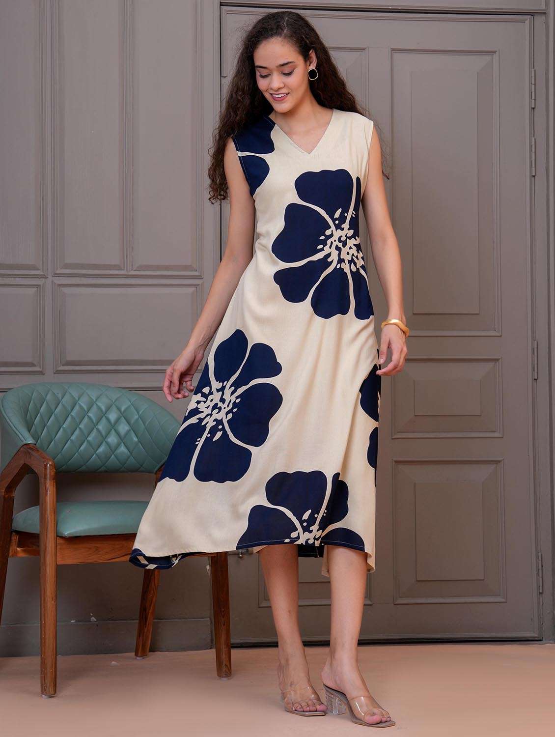 women printed sleeveless a-line dress