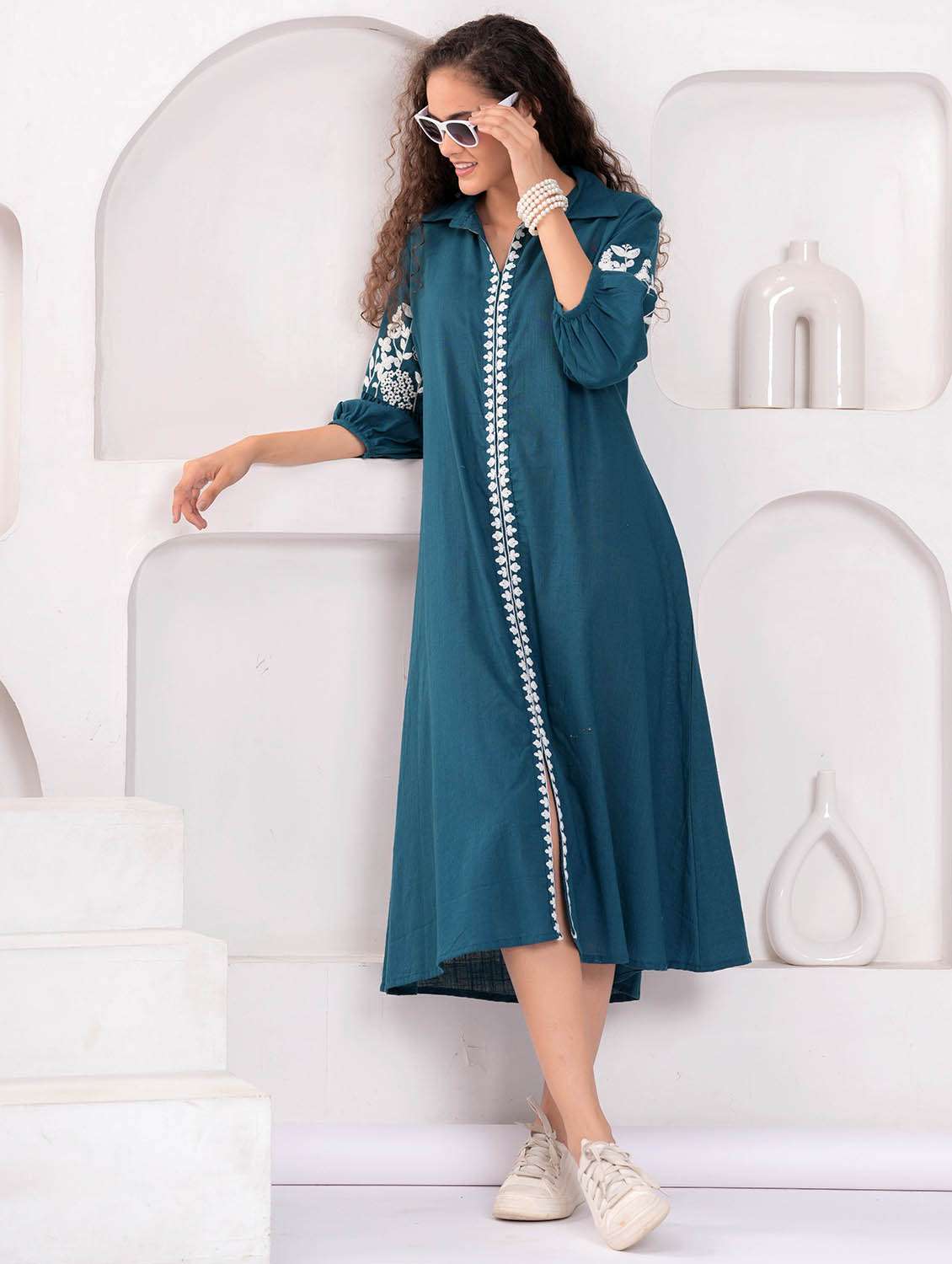 women embroidered collared puff sleeve a-line dress