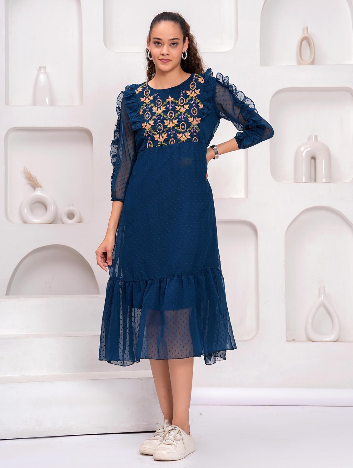 women embroidered round neck tiered dress - 21992497 - Zoom Image - 0