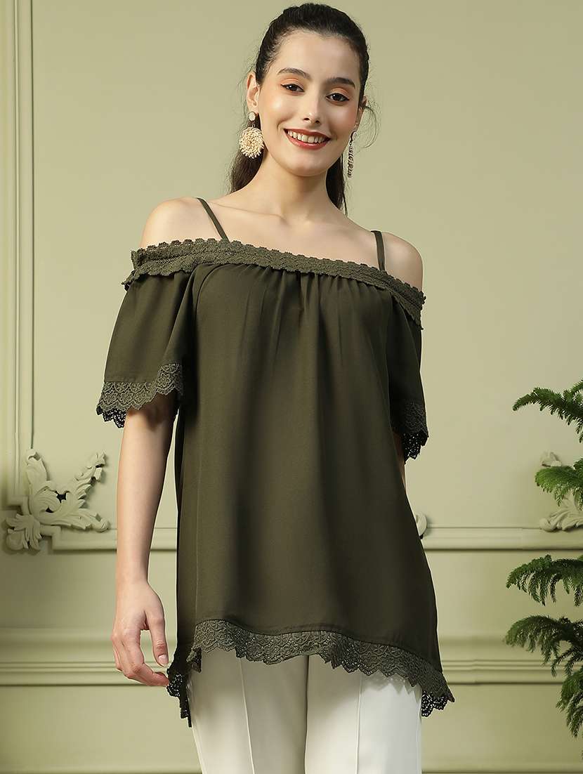 women olive solid off shoulder regular top