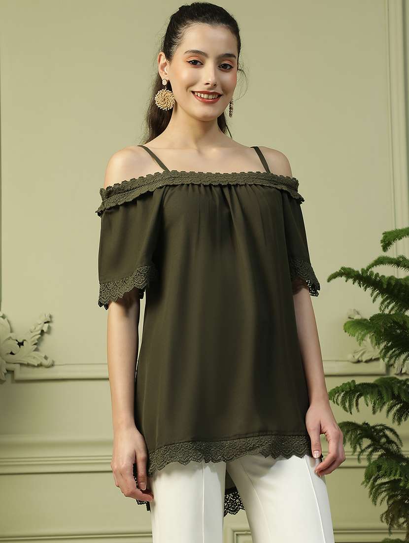 women olive solid off shoulder regular top - 21992521 -  Standard Image - 3