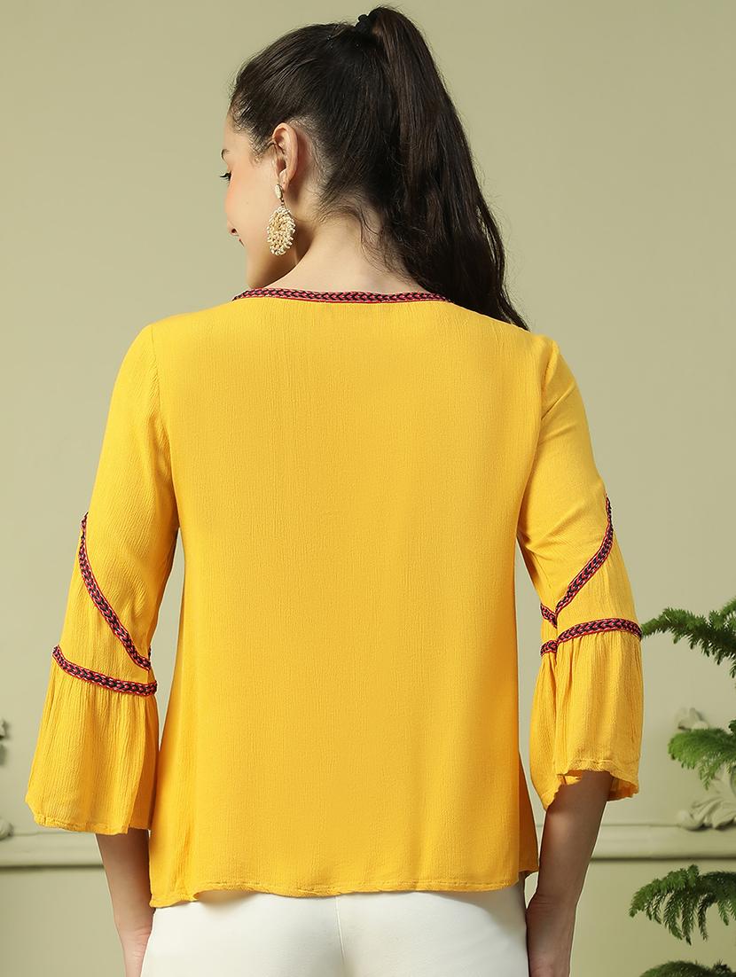 women yellow solid tie up neck regular top - 21992522 - Standard Image - 3