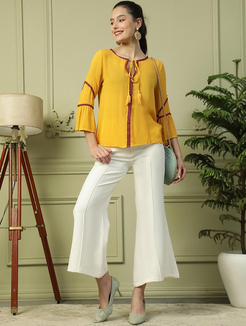 women yellow solid tie up neck regular top - 21992522 - Standard Image - 5