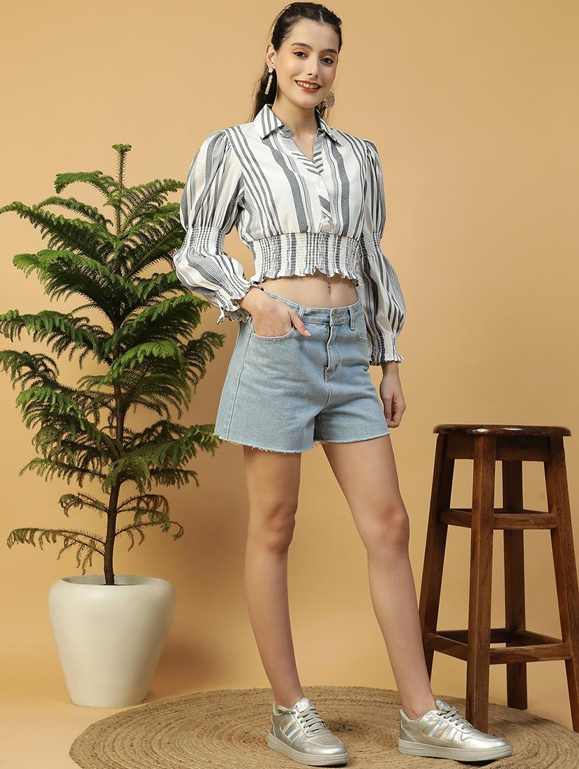 women white collared puff sleeve crop top - 21992528 - Standard Image - 3