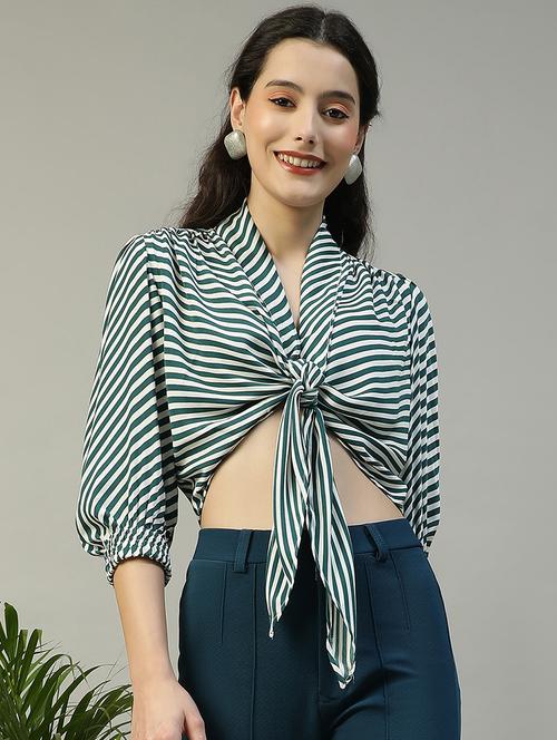 women striped puff sleeve tie-up crop top - 21992530 -  Standard Image - 0