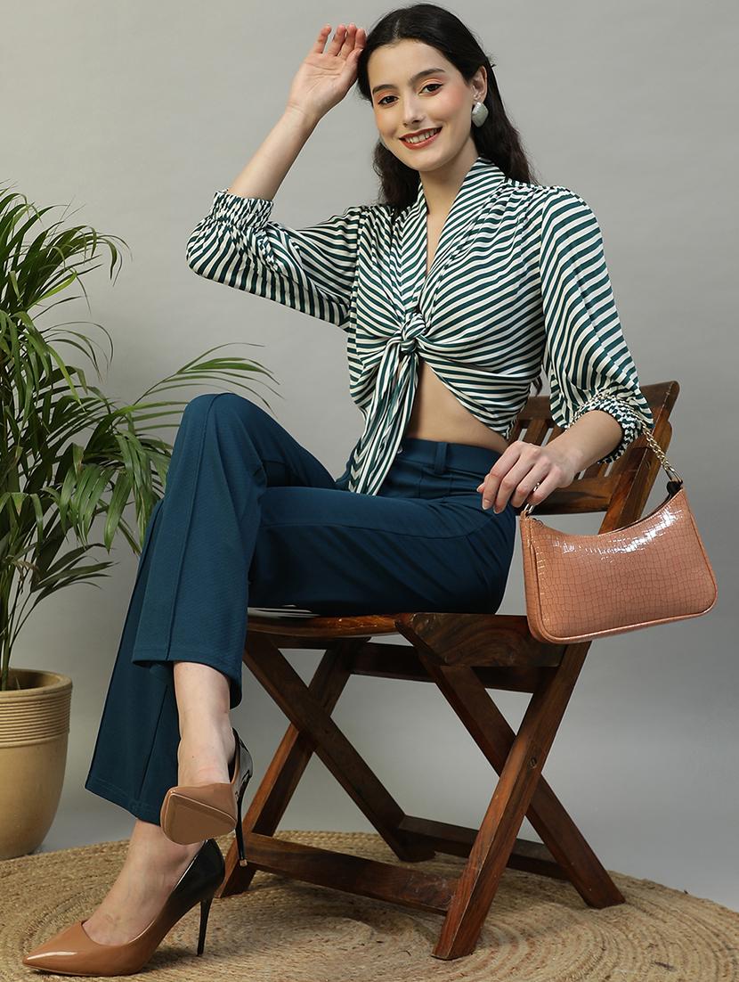 women striped puff sleeve tie-up crop top - 21992530 - Standard Image - 3
