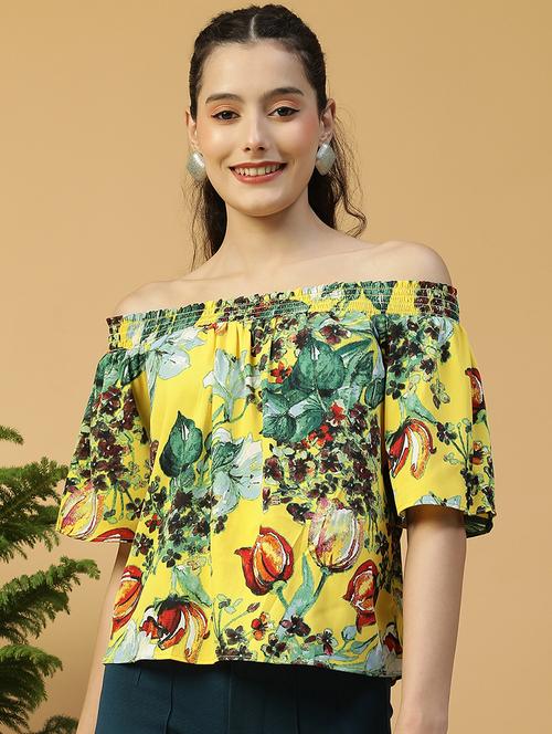 women yellow printed off shoulder regular top - 21992535 - Standard Image - 0