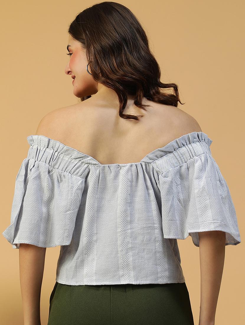 women striped off shoulder flared sleeve crop top - 21992540 - Standard Image - 3