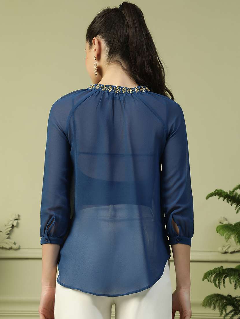 women embroidered tie up neck sheer top - 21992543 - Standard Image - 3