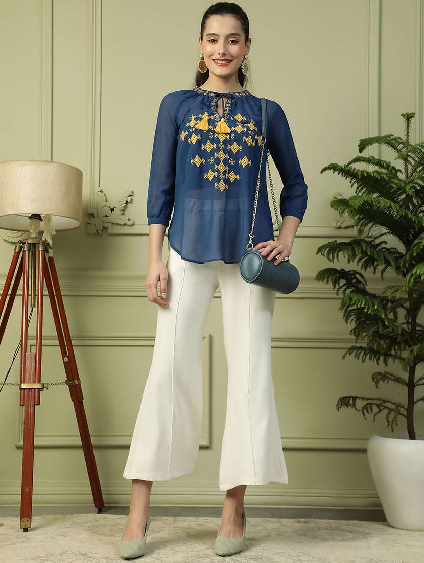 women embroidered tie up neck sheer top - 21992543 - Standard Image - 5