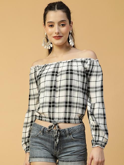 women checkered off shoulder crop top - 21992544 -  Standard Image - 0