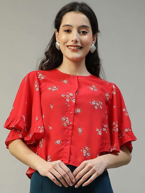 women floral print flared sleeve crop top - 21992555 -  Standard Image - 0