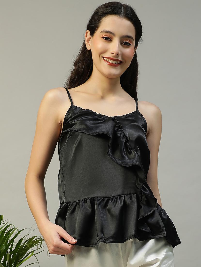 women black solid shoulder strap night tee