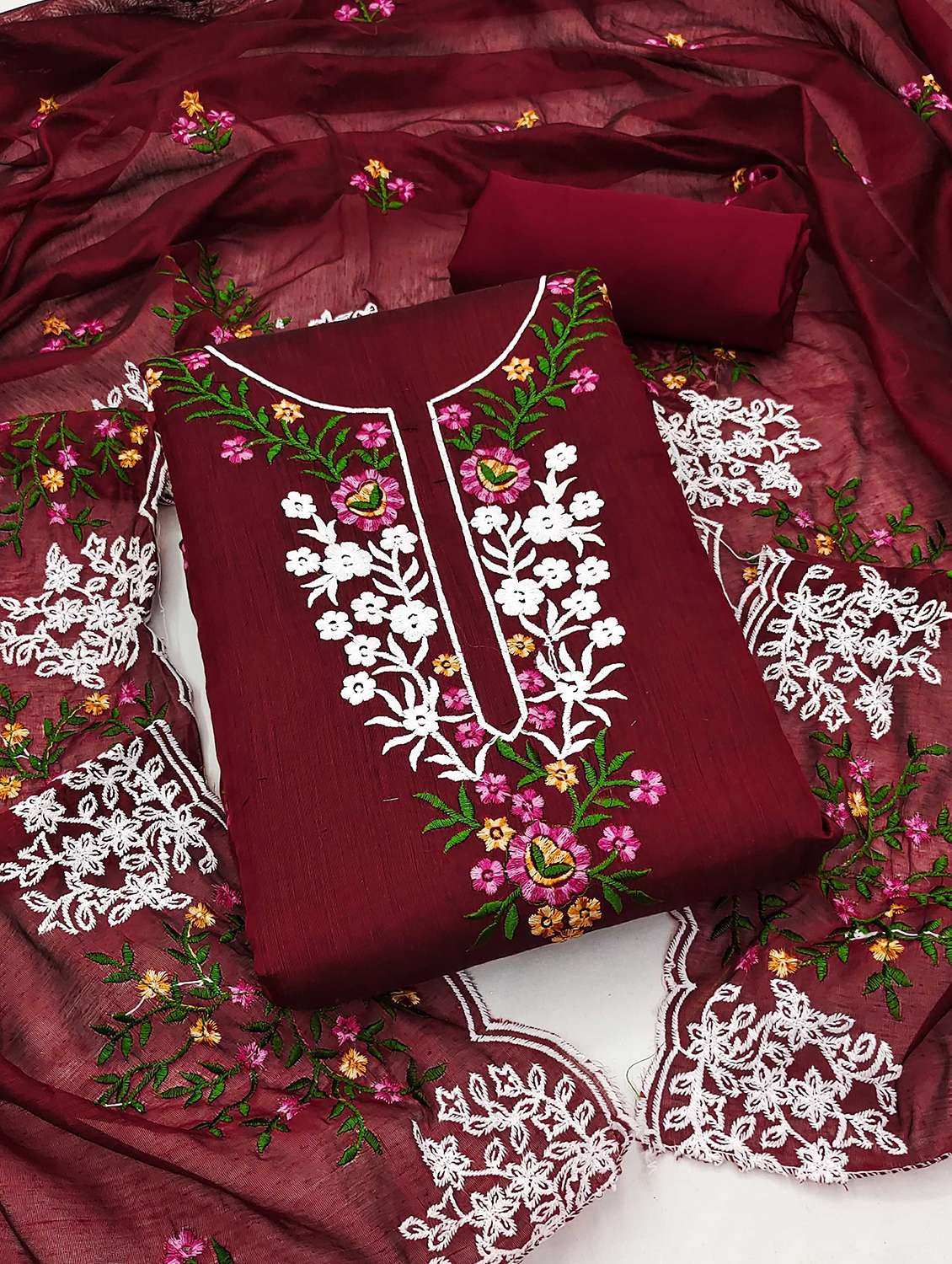 women solid with work embroidered unstitched suit set