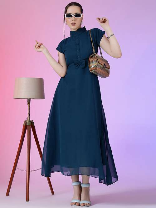 women solid cap sleeve fit & flare maxi dress - 21992607 - Standard Image - 0
