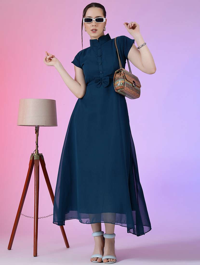 women solid cap sleeve fit & flare maxi dress - 21992607 - Zoom Image - 0