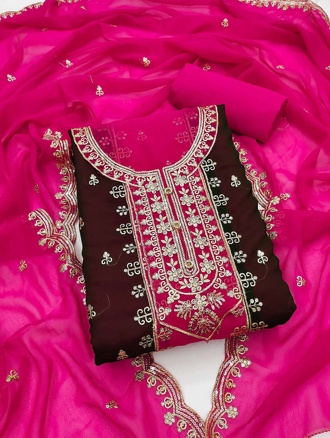 women color block embroidered unstitched suit set