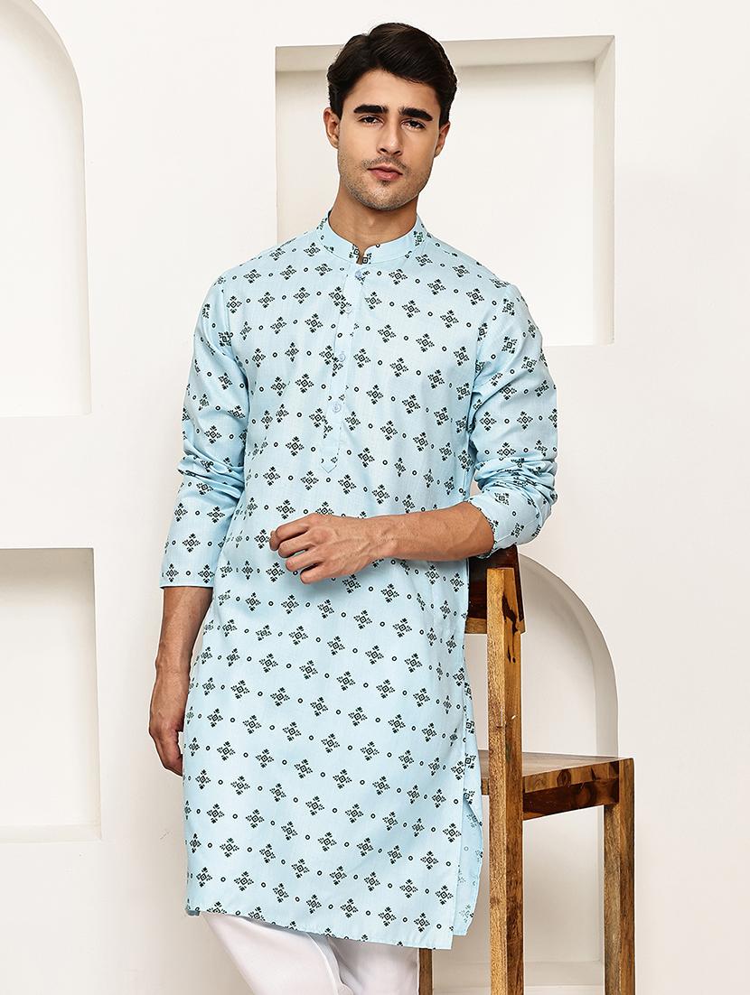 men printed mandarin neck long kurta