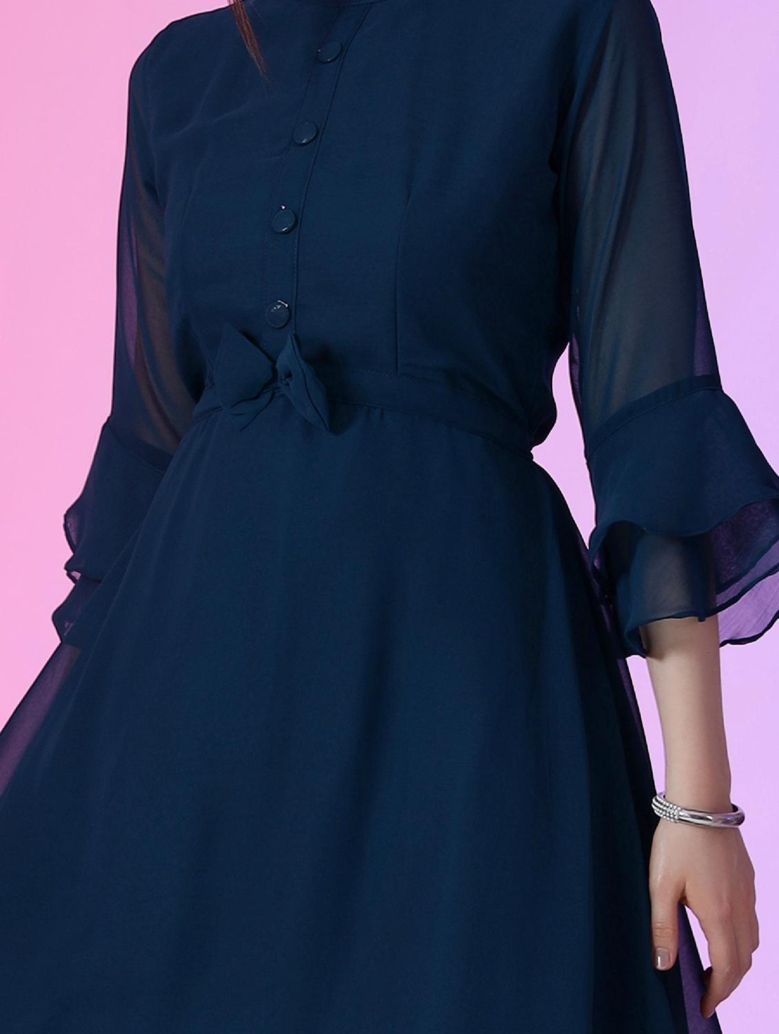 women solid mandarin neck fit & flare maxi dress - 21992640 - Standard Image - 3