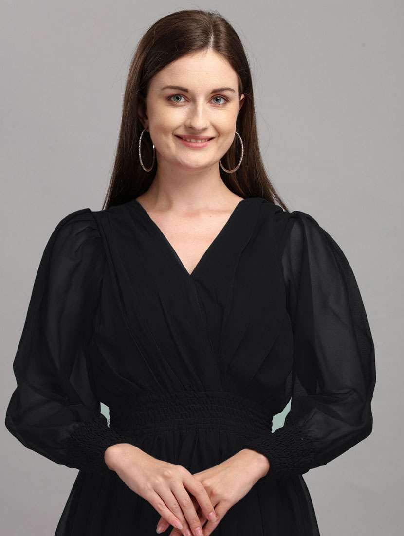 women solid puff sleeve fit & flare maxi dress - 21992647 -  Standard Image - 3