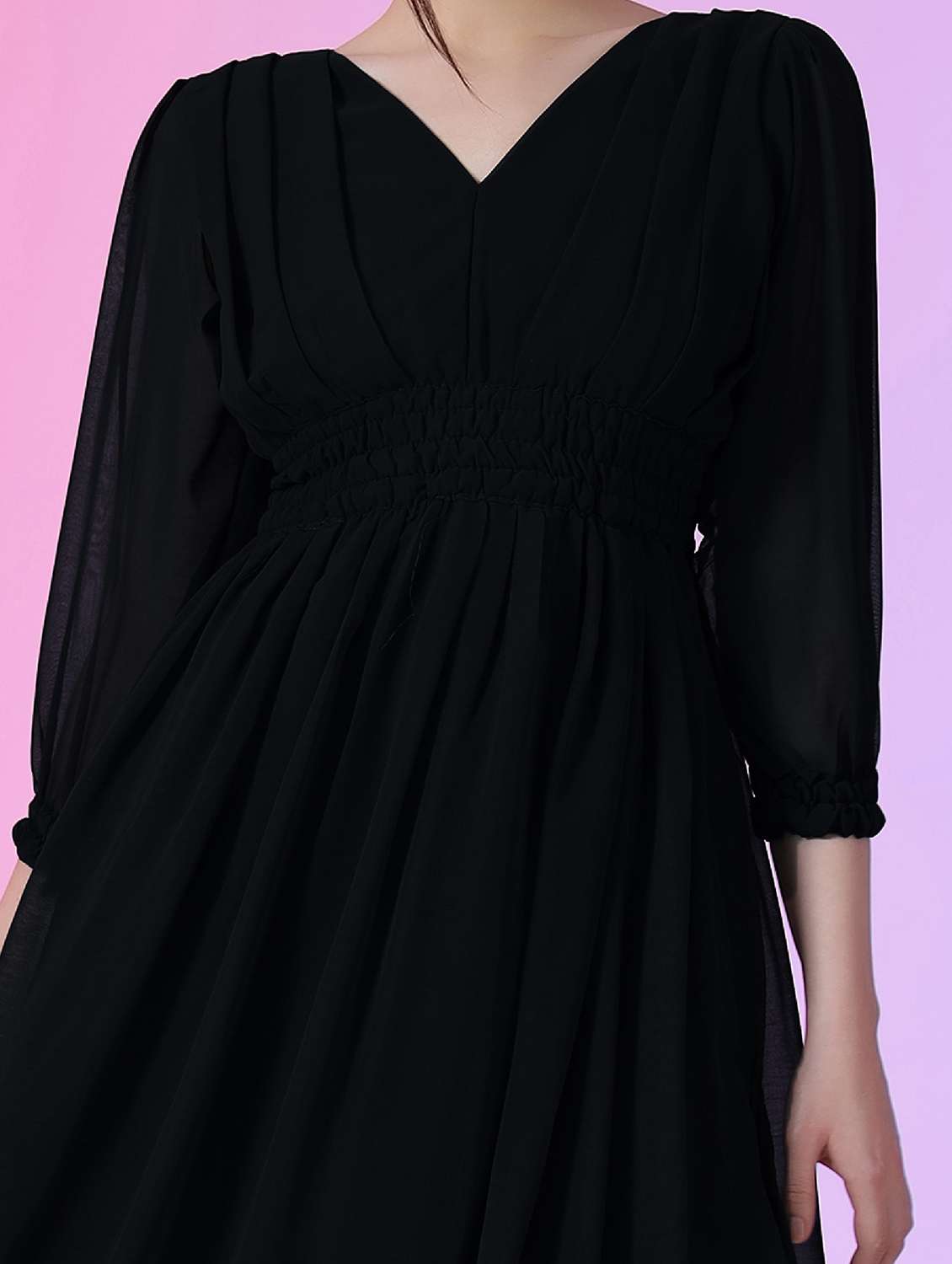 women solid puff sleeve fit & flare maxi dress - 21992659 -  Standard Image - 3