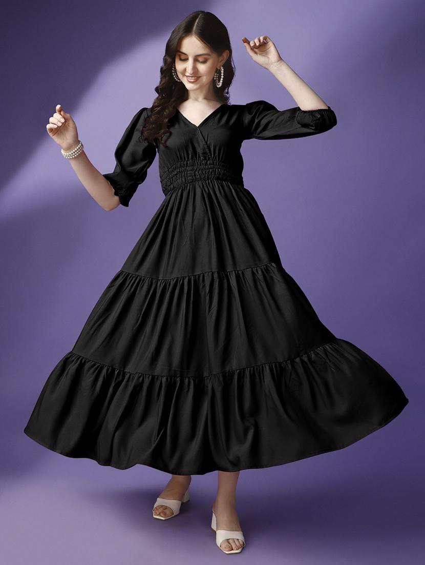 women solid puff sleeve tiered maxi dress - 21992681 - Zoom Image - 0