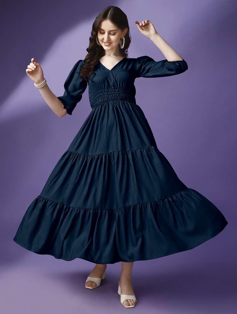 women solid puff sleeve tiered maxi dress