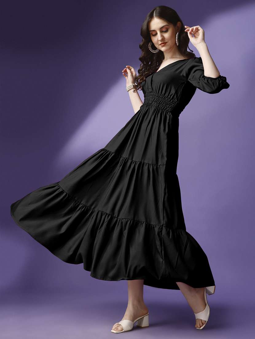 women solid puff sleeve tiered maxi dress - 21992683 -  Zoom Image - 0