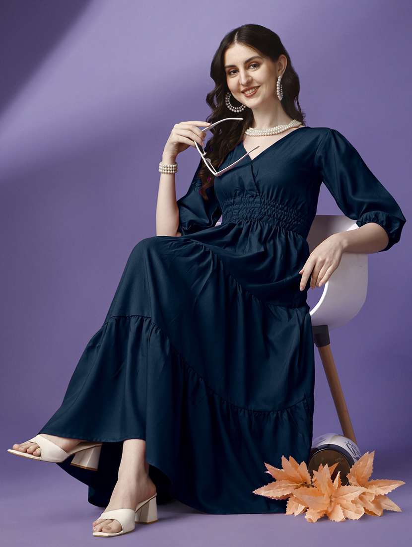 women solid puff sleeve tiered maxi dress - 21992684 - Standard Image - 3